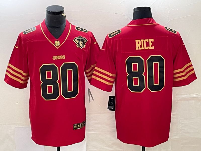 Men San Francisco 49ers 80 Rice Red Gold 75th 2023 Nike Vapor Limited NFL Jersey
